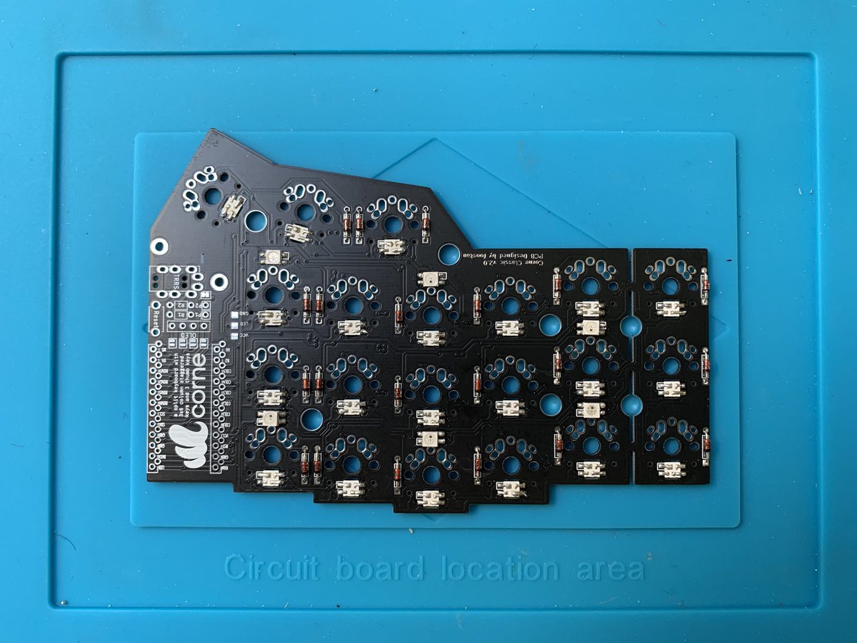 A keyboard PCB with LEDs and diodes