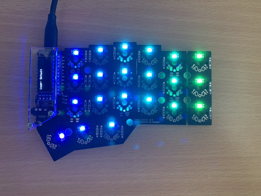 A keyboard PCB with many LEDs illumoinated in a range of ocolours