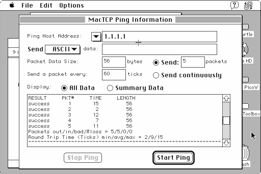 Screenshot of a successful MacTCP Ping