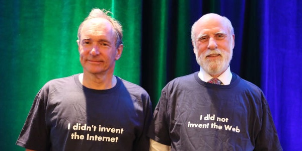 Tim Berners-Lee and Vint Cerf wearing T-shirts reading I didn't invent the internet and I didn't invent the web