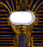 Pixel-art image of Tutankhamun's blue and gold death mask wearing a Meta Quest 2