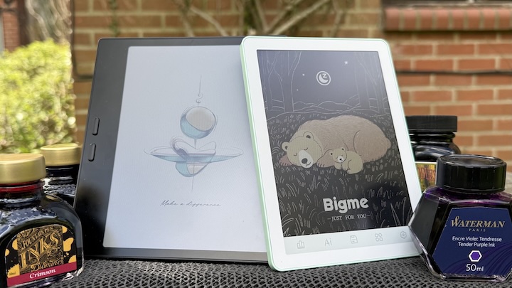 Onyx Boox Go 7 and Bigme 6 eReaders, pictured with various ink bottles